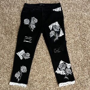 Upcycled Reworked Simply Vera Wang Black Denim Jeans Floral Lace Appliqué OOAK
